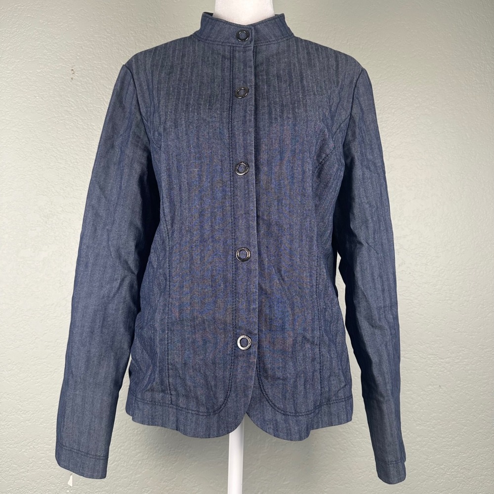 Cutter Buck Jacket Women Size M Indigo Blue Herringbone Mock Neck Button Front
